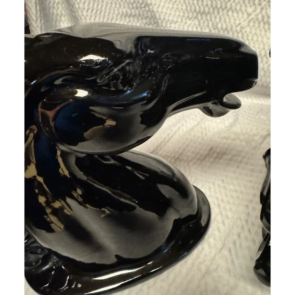 Vintage Pair High Shine Glazed Black Stallion Horse Head Bookends Sculptures